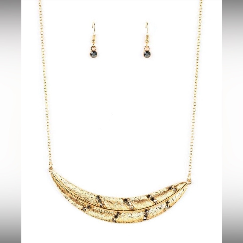 Gold and Black Feather necklace with free earrings